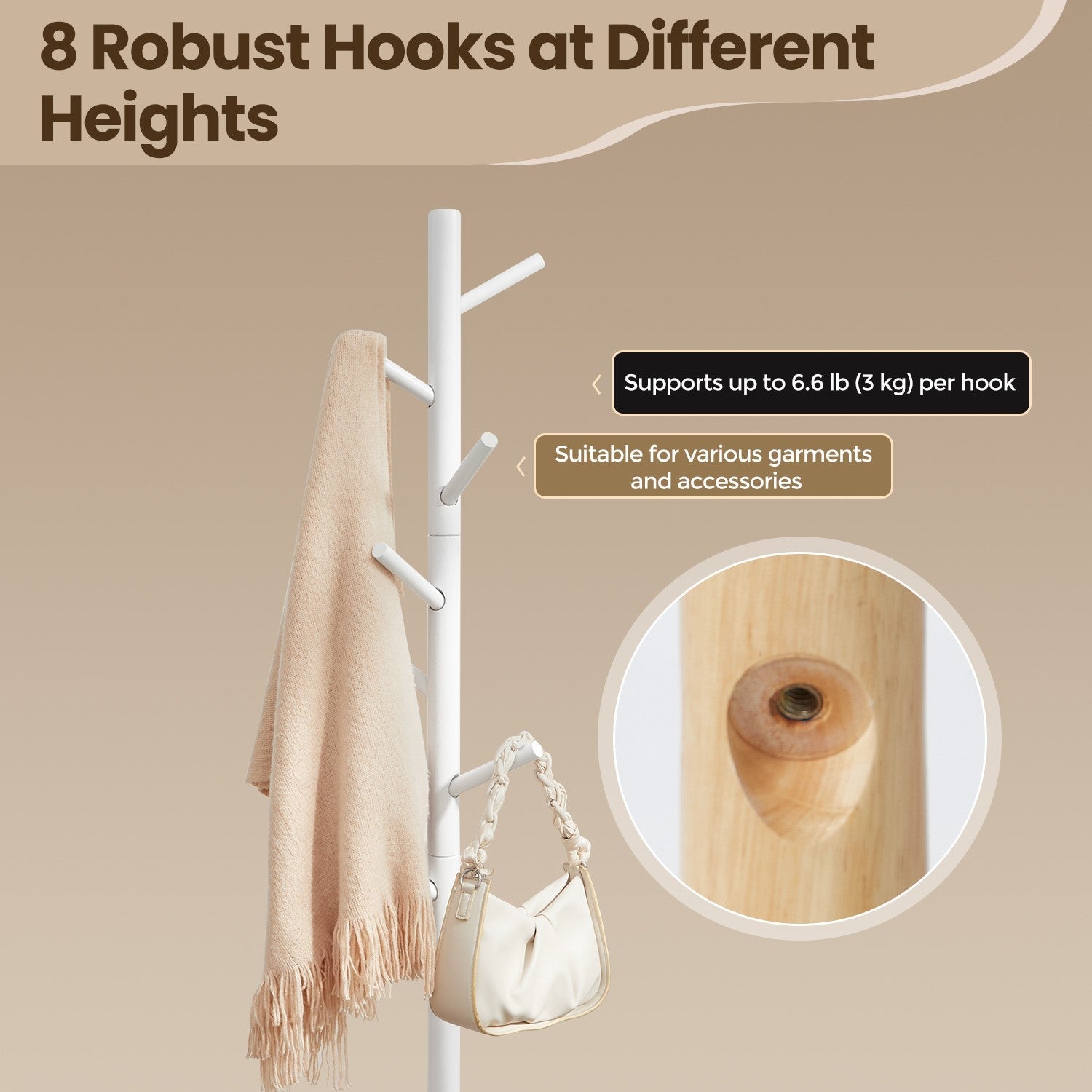 Standing Coat Rack – Solid Wood – White – Tree-Shaped with 8 Hooks and Adjustable Height Options