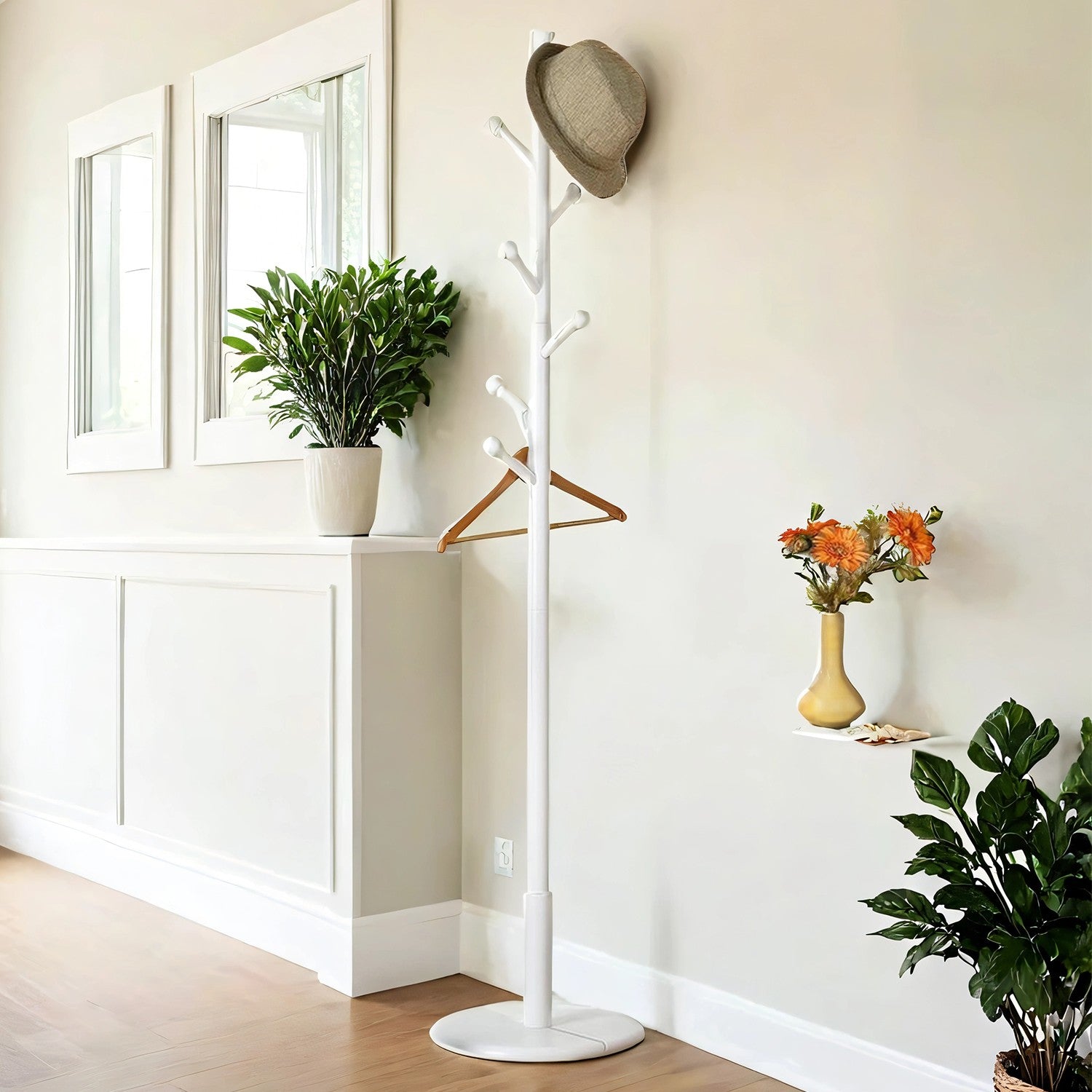 Solid Wood Coat Rack – Free Standing – White – 7 Hooks, Adjustable Height Options