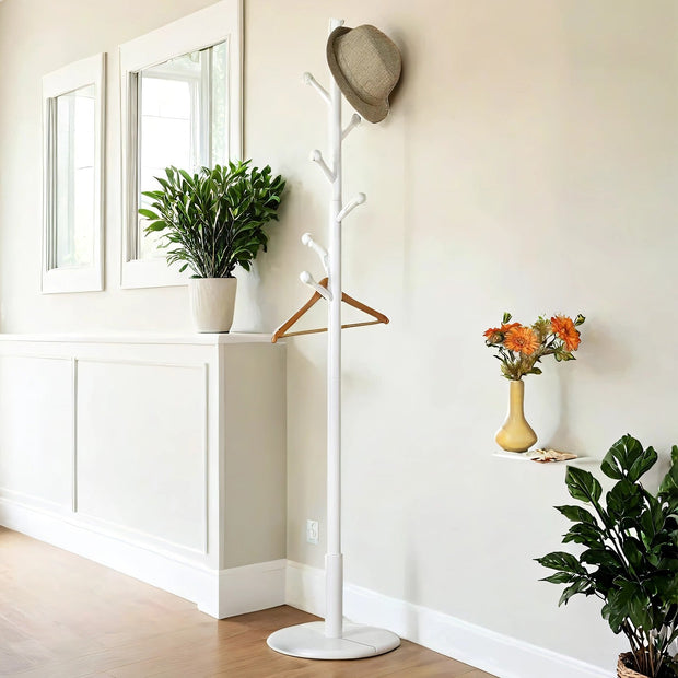 Solid Wood Coat Rack – Free Standing – White – 7 Hooks, Adjustable Height Options