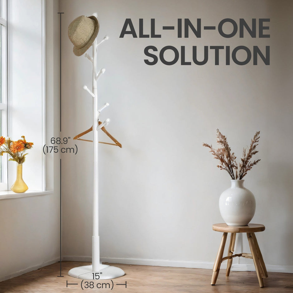 Solid Wood Coat Rack – Free Standing – White – 7 Hooks, Adjustable Height Options