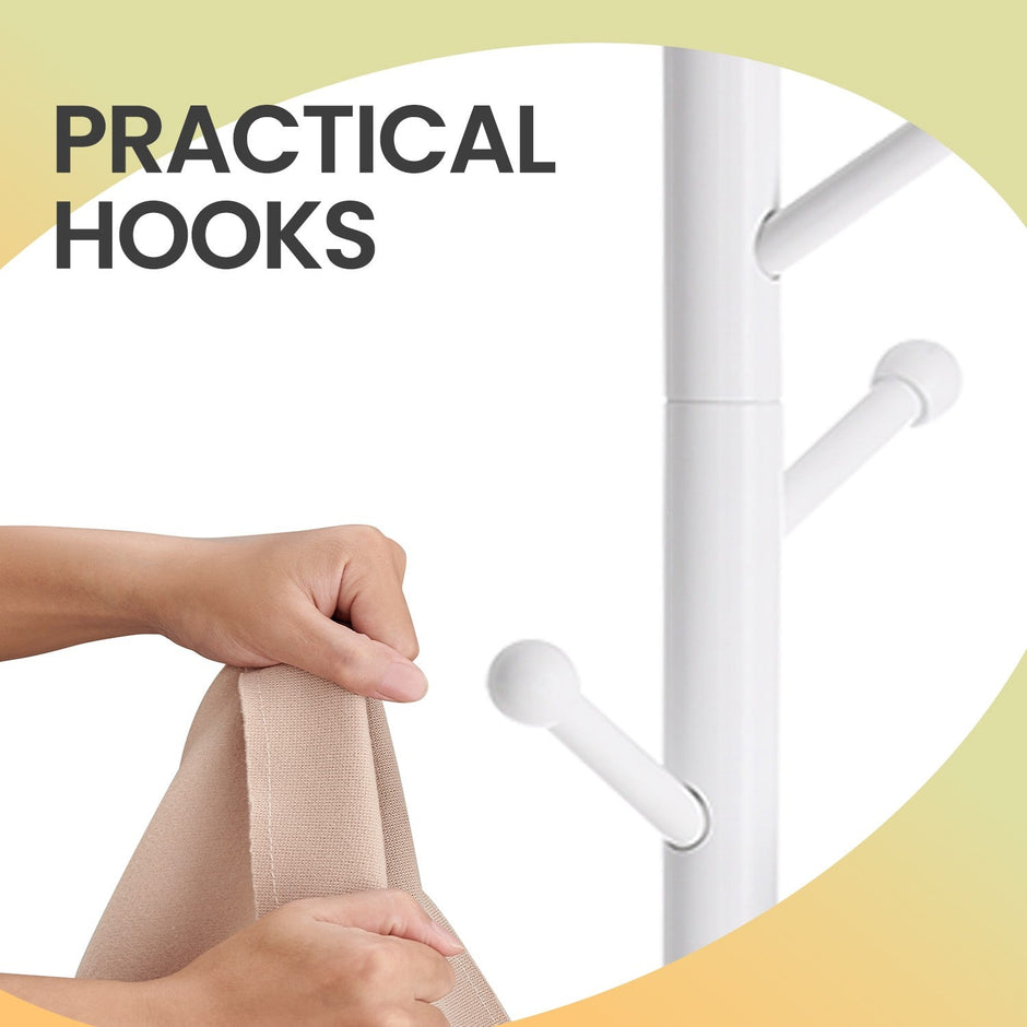 Solid Wood Coat Rack – Free Standing – White – 7 Hooks, Adjustable Height Options