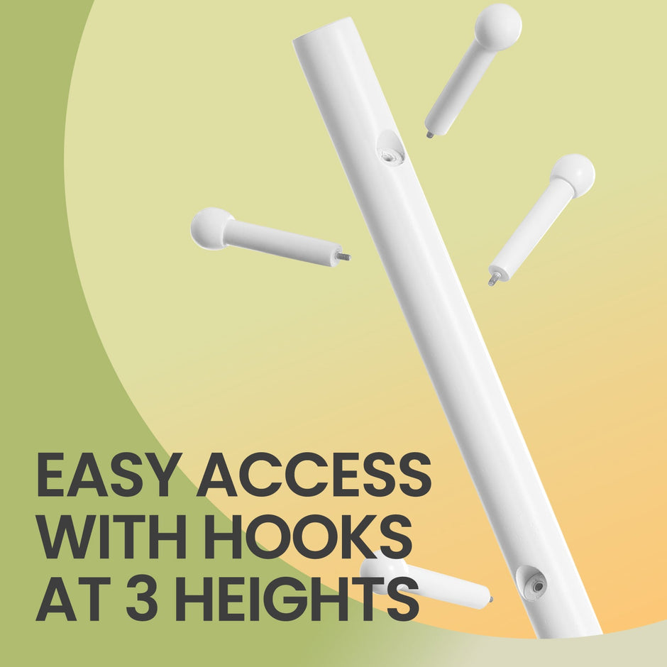 Solid Wood Coat Rack – Free Standing – White – 7 Hooks, Adjustable Height Options