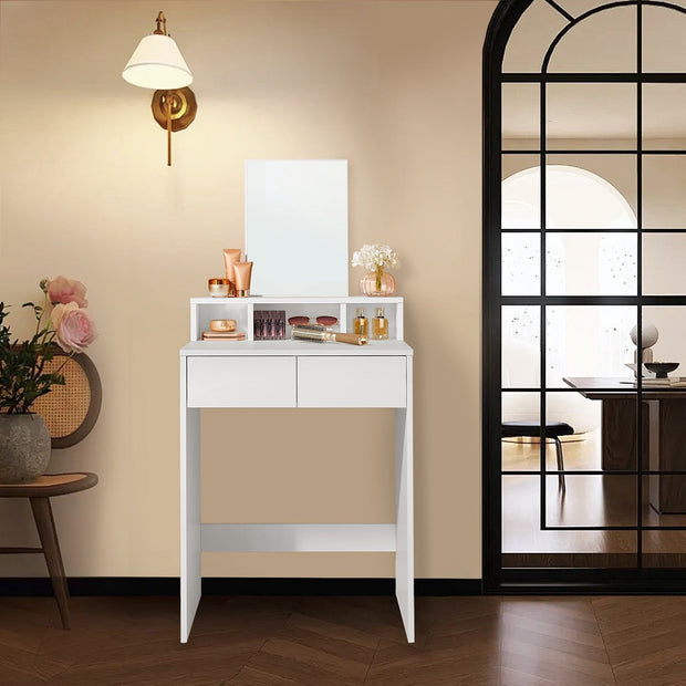 Vanity Table – Wood – Cloud White – Modern Design with Large Mirror and Storage Compartments