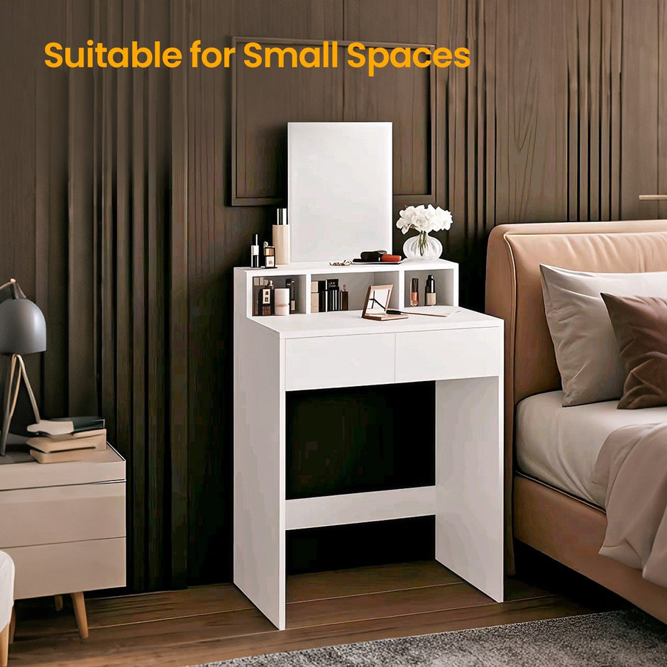 Vanity Table – Wood – Cloud White – Modern Design with Large Mirror and Storage Compartments