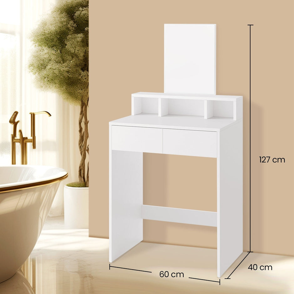 Vanity Table – Wood – Cloud White – Modern Design with Large Mirror and Storage Compartments