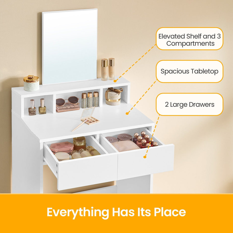 Vanity Table – Wood – Cloud White – Modern Design with Large Mirror and Storage Compartments