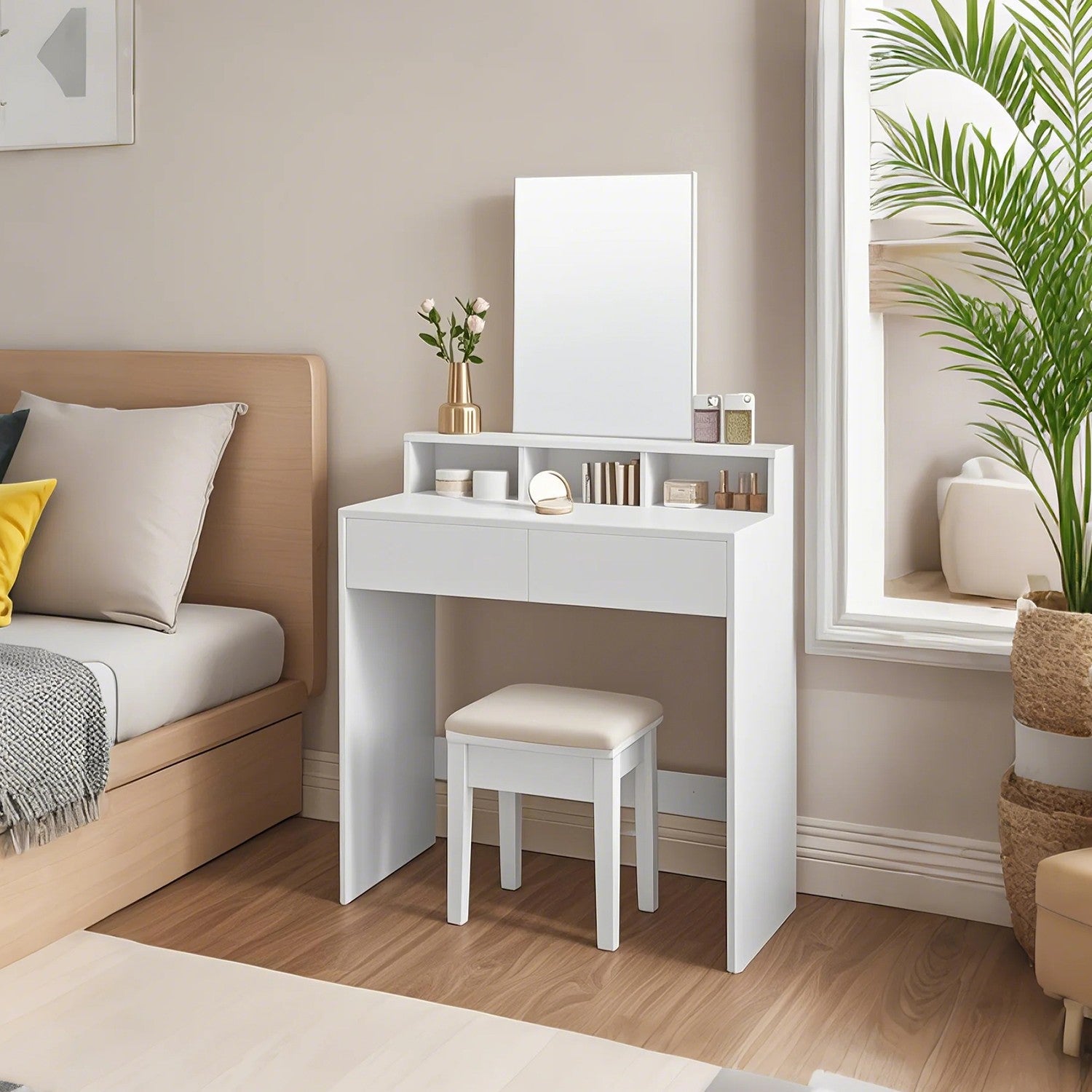 Dressing Table – Wood – Cloud White – Modern Design with Large Mirror and Drawers