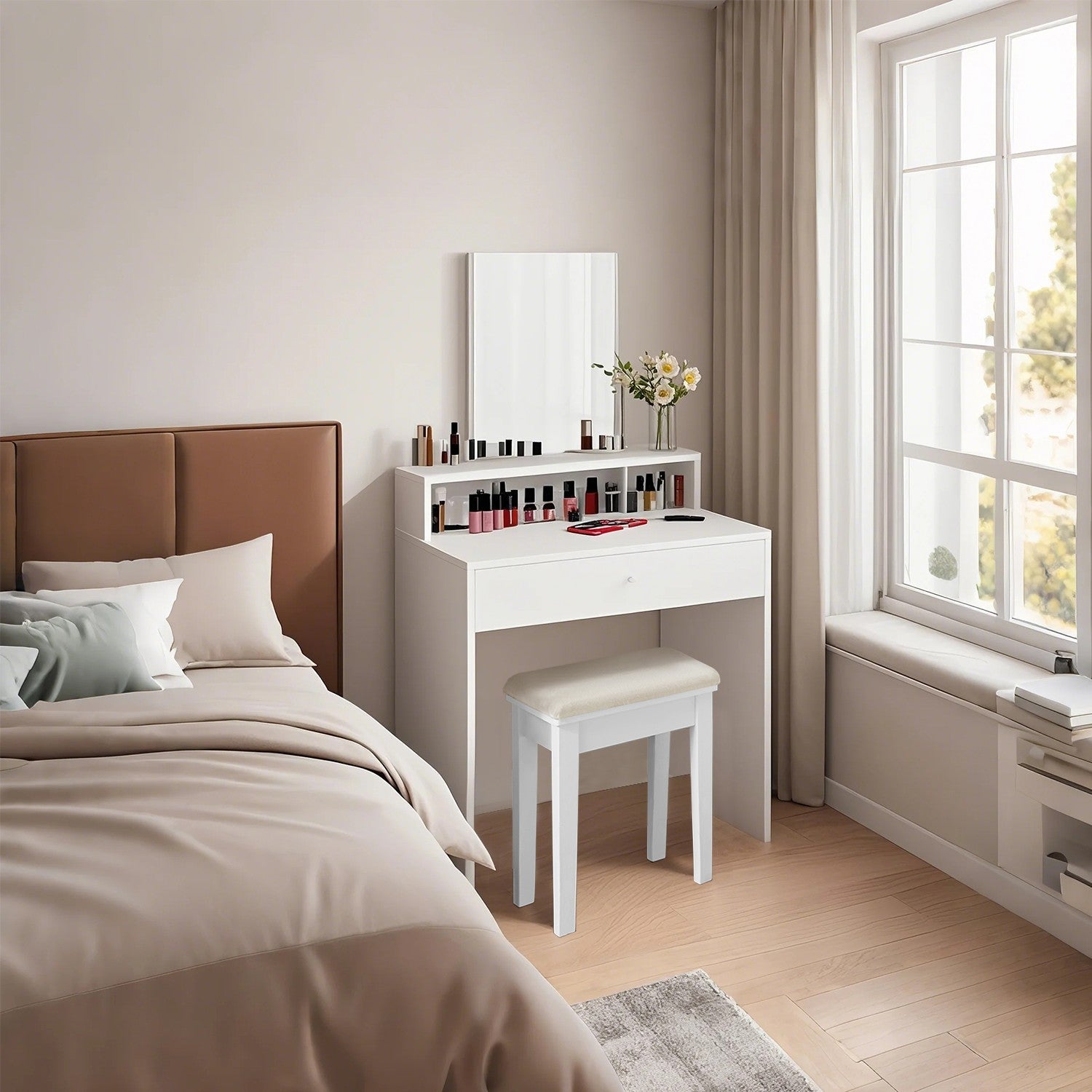 Dressing Table – Wood – Cloud White – Modern Design with Large Mirror and Drawers