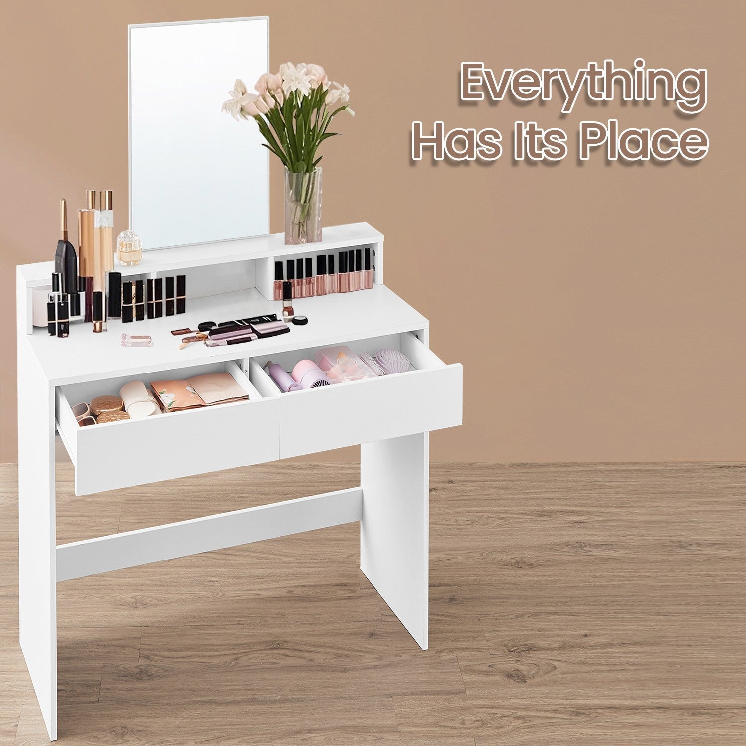 Dressing Table – Wood – Cloud White – Modern Design with Large Mirror and Drawers