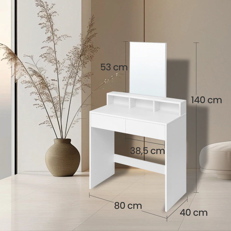 Dressing Table – Wood – Cloud White – Modern Design with Large Mirror and Drawers