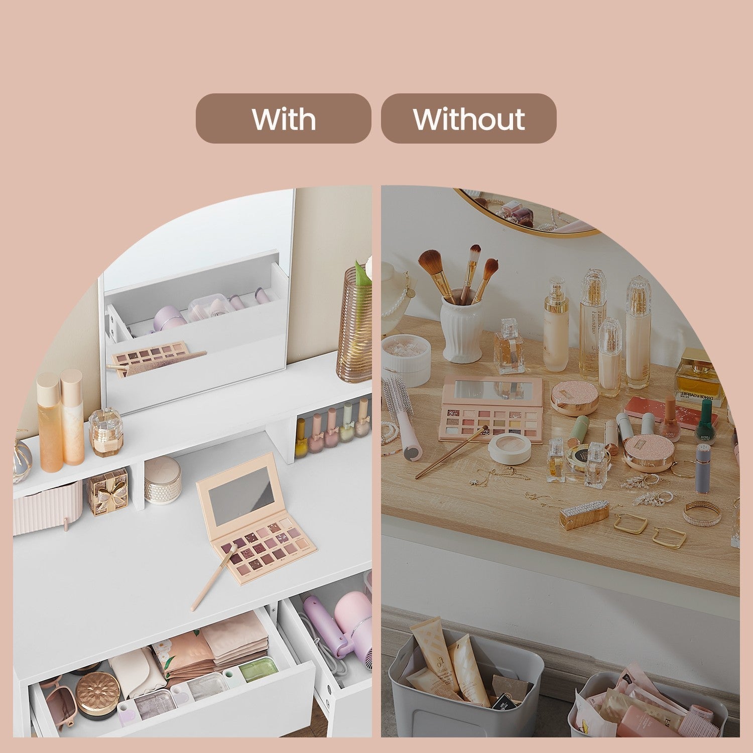 Dressing Table – Wood – Cloud White – Modern Design with Large Mirror and Drawers