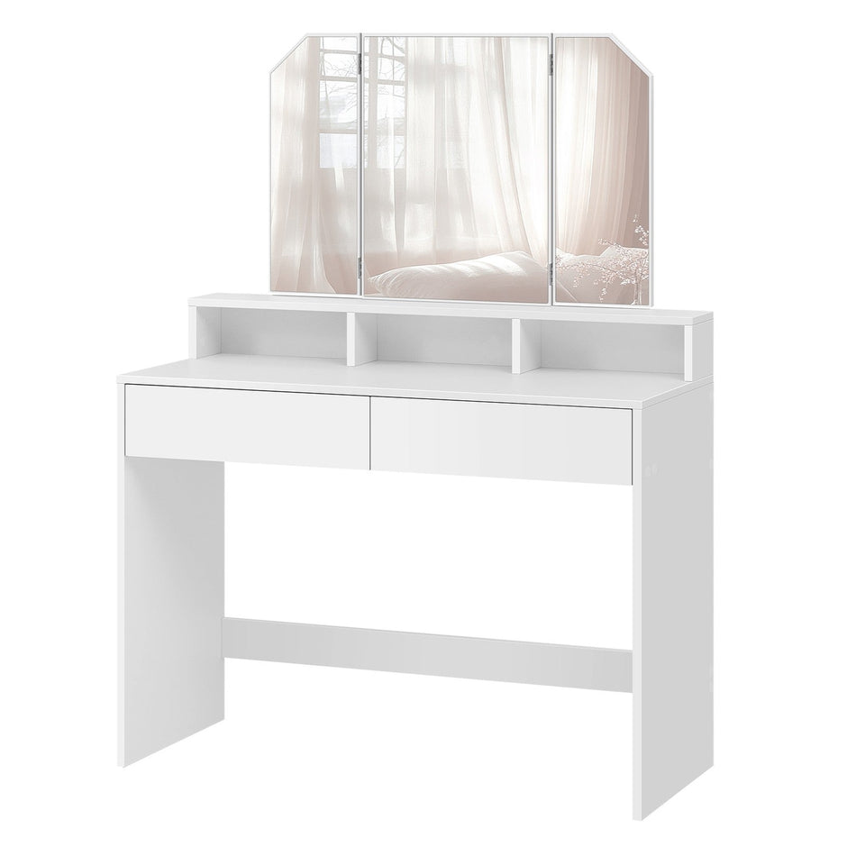 Makeup Vanity Desk – Wood – White – Tri-Fold Mirror, 2 Drawers, 3 Open Compartments