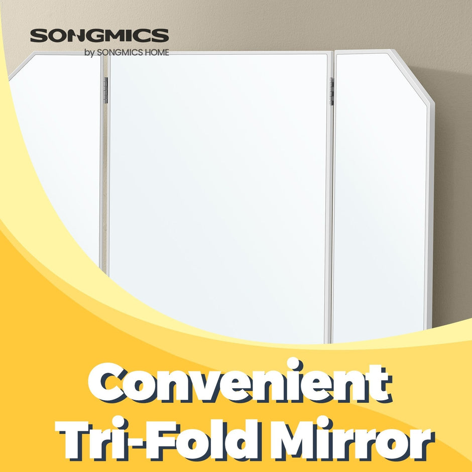 Makeup Vanity Desk – Wood – White – Tri-Fold Mirror, 2 Drawers, 3 Open Compartments