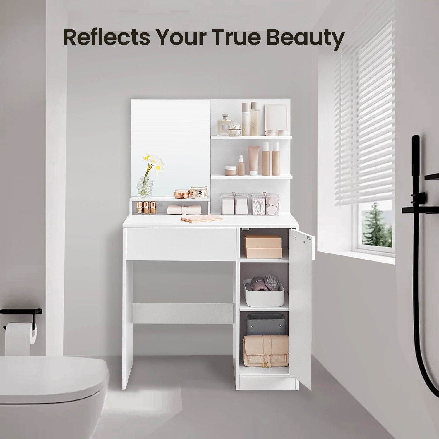 Vanity Table – Wood – Cloud White – with Mirror, 1 Drawer, 2 Shelves, and Storage Cabinet
