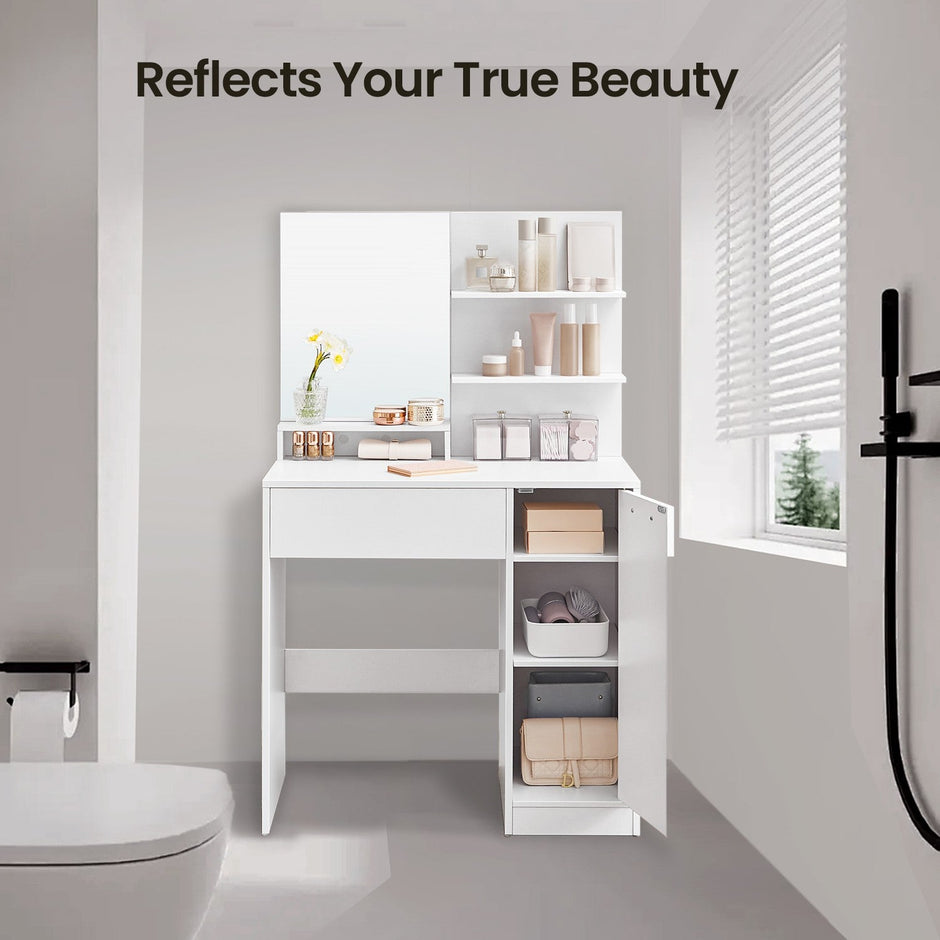 Vanity Table – Wood – Cloud White – with Mirror, 1 Drawer, 2 Shelves, and Storage Cabinet