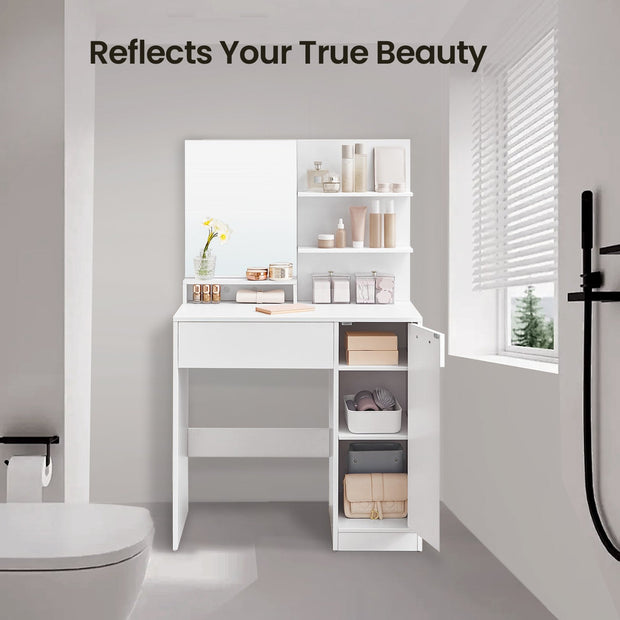 Vanity Table – Wood – Cloud White – with Mirror, 1 Drawer, 2 Shelves, and Storage Cabinet