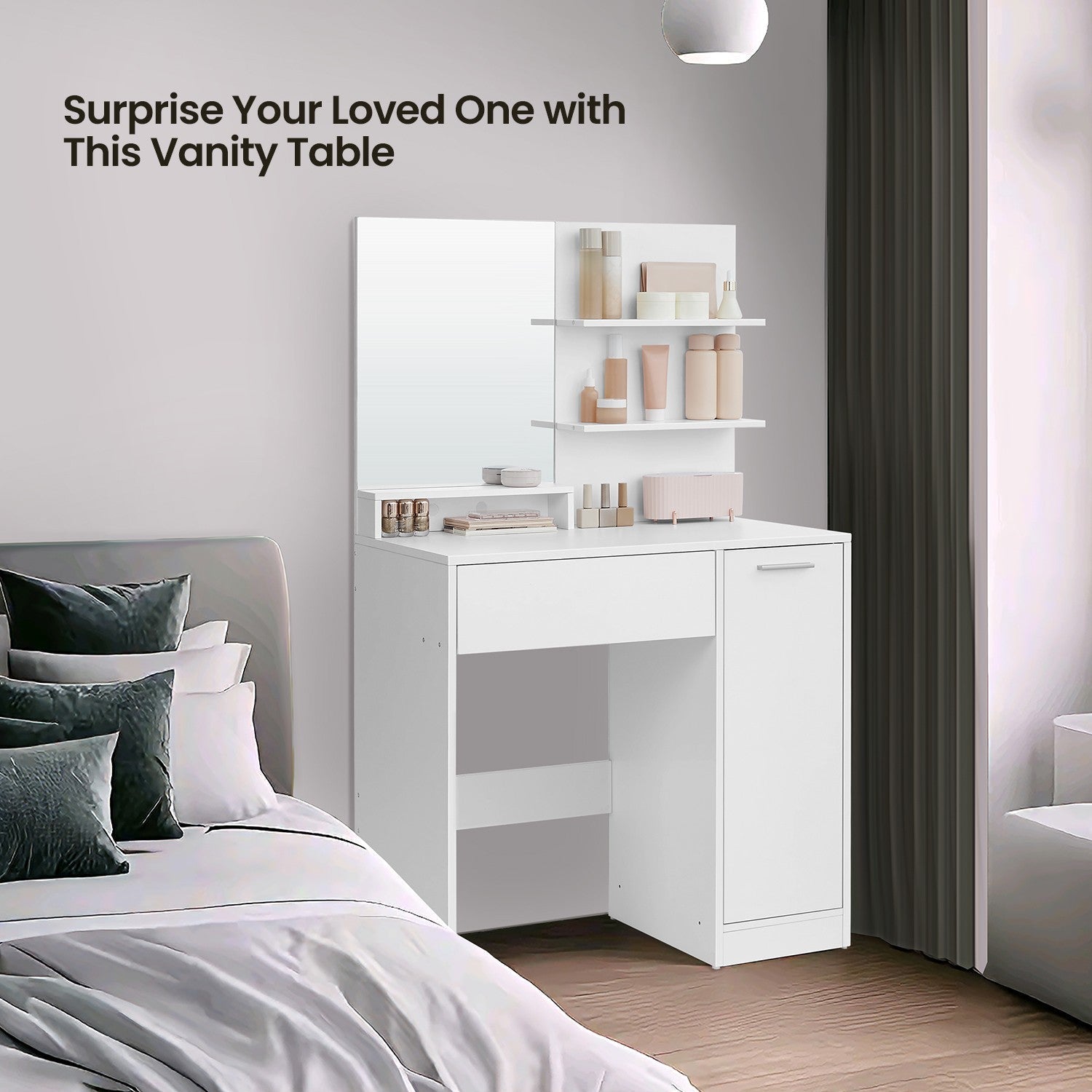 Vanity Table – Wood – Cloud White – with Mirror, 1 Drawer, 2 Shelves, and Storage Cabinet