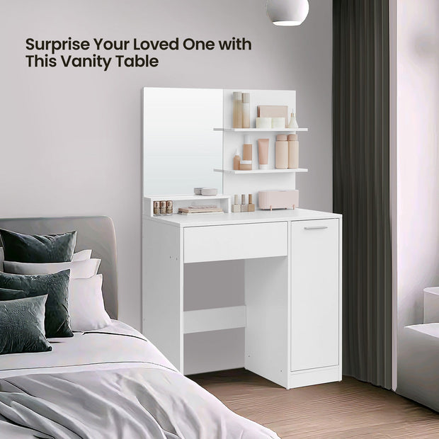 Vanity Table – Wood – Cloud White – with Mirror, 1 Drawer, 2 Shelves, and Storage Cabinet
