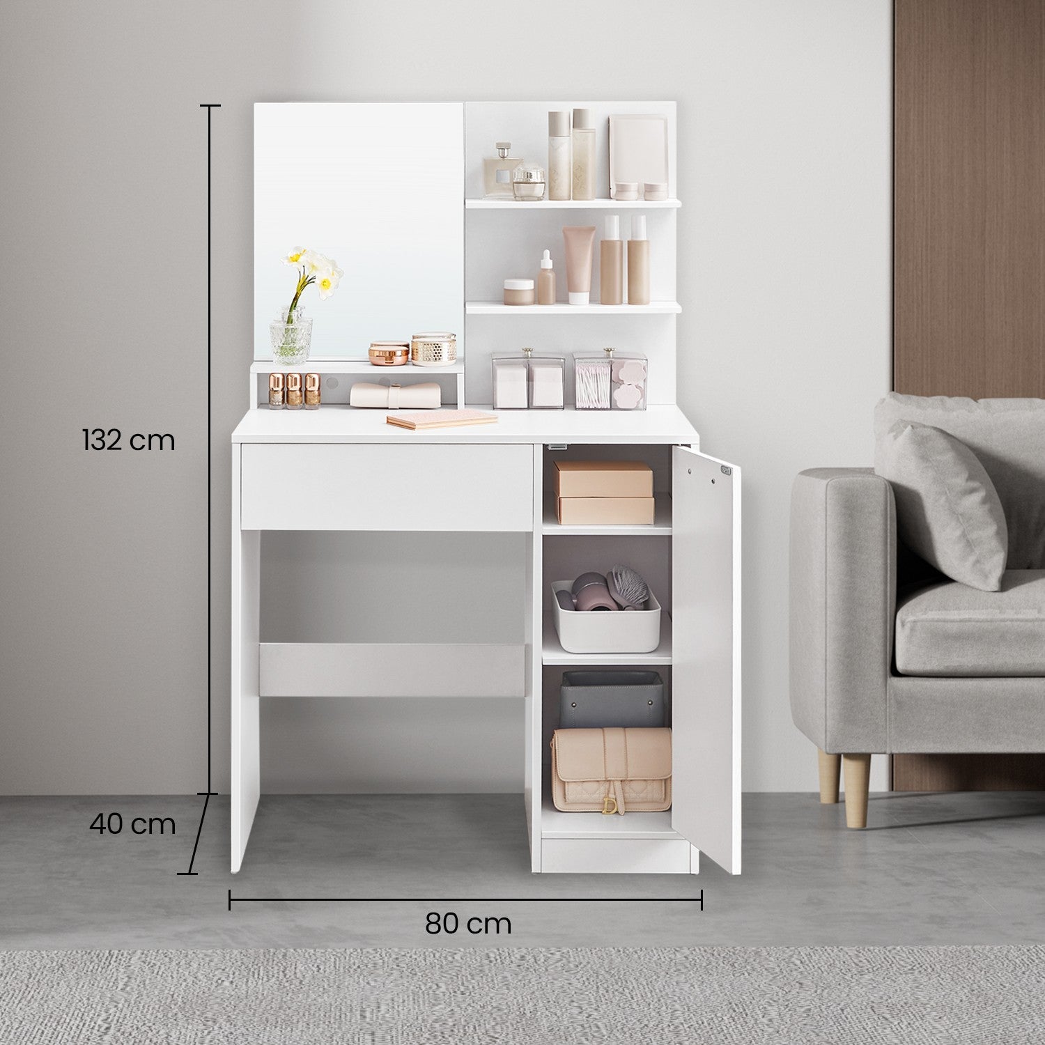Vanity Table – Wood – Cloud White – with Mirror, 1 Drawer, 2 Shelves, and Storage Cabinet