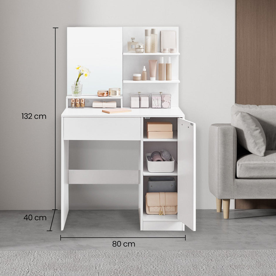Vanity Table – Wood – Cloud White – with Mirror, 1 Drawer, 2 Shelves, and Storage Cabinet