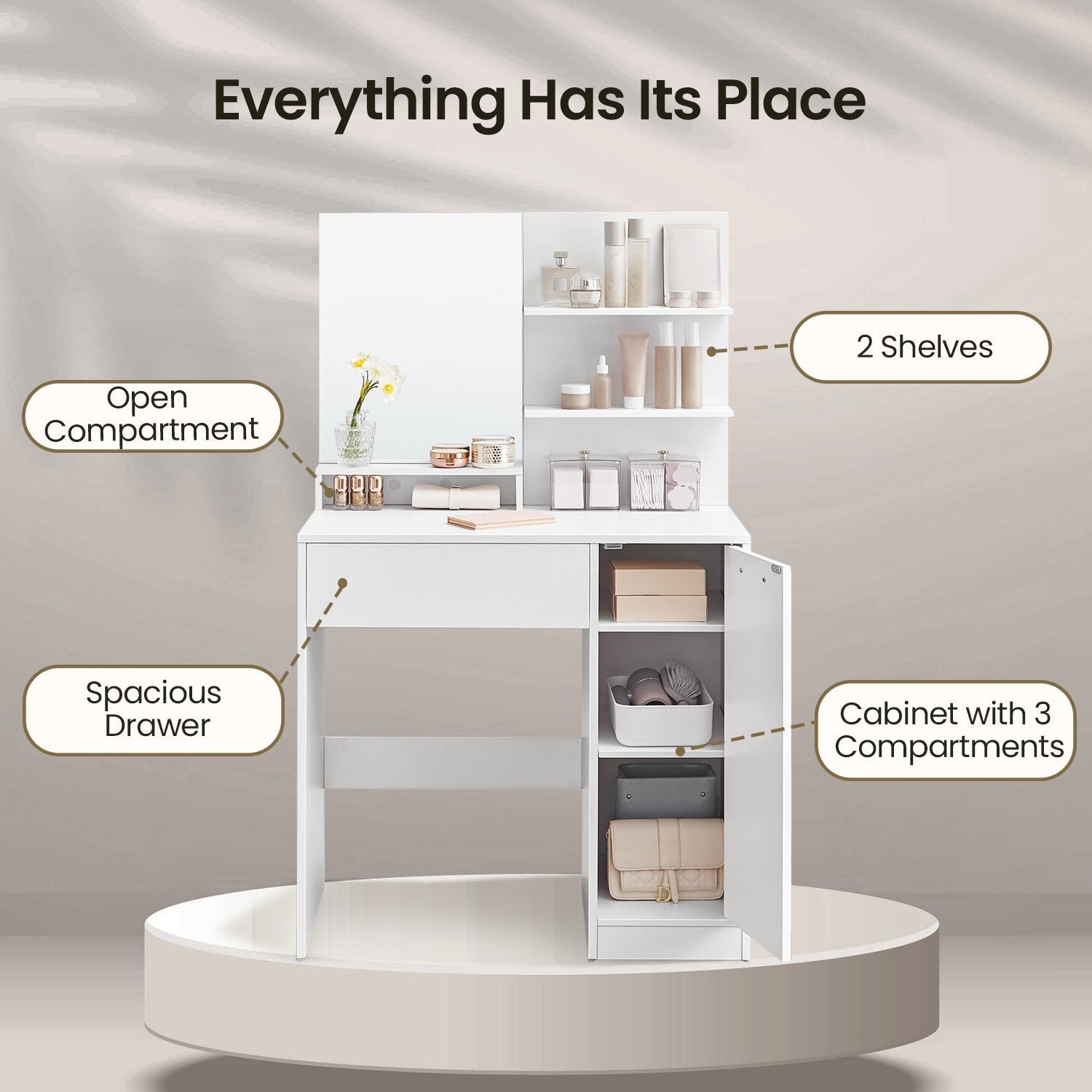 Vanity Table – Wood – Cloud White – with Mirror, 1 Drawer, 2 Shelves, and Storage Cabinet