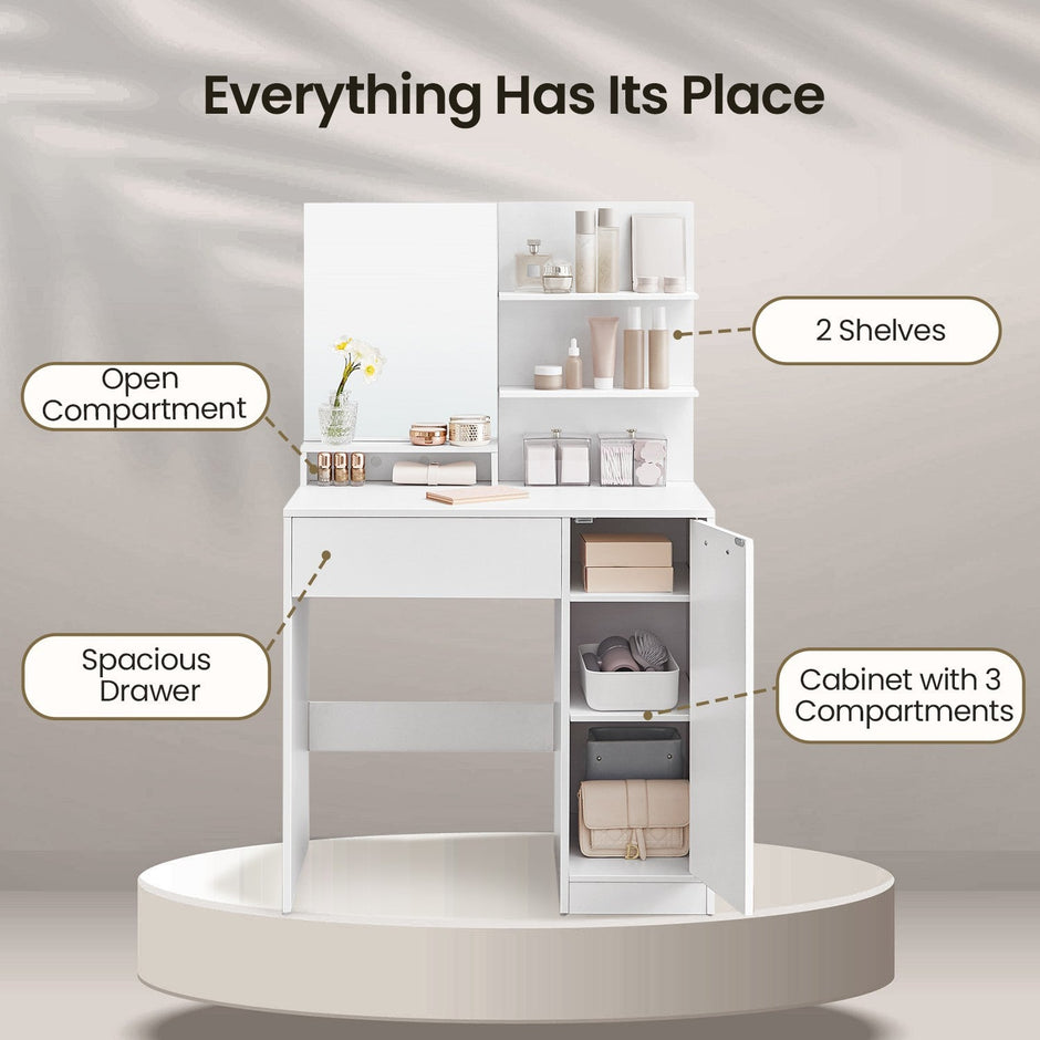 Vanity Table – Wood – Cloud White – with Mirror, 1 Drawer, 2 Shelves, and Storage Cabinet