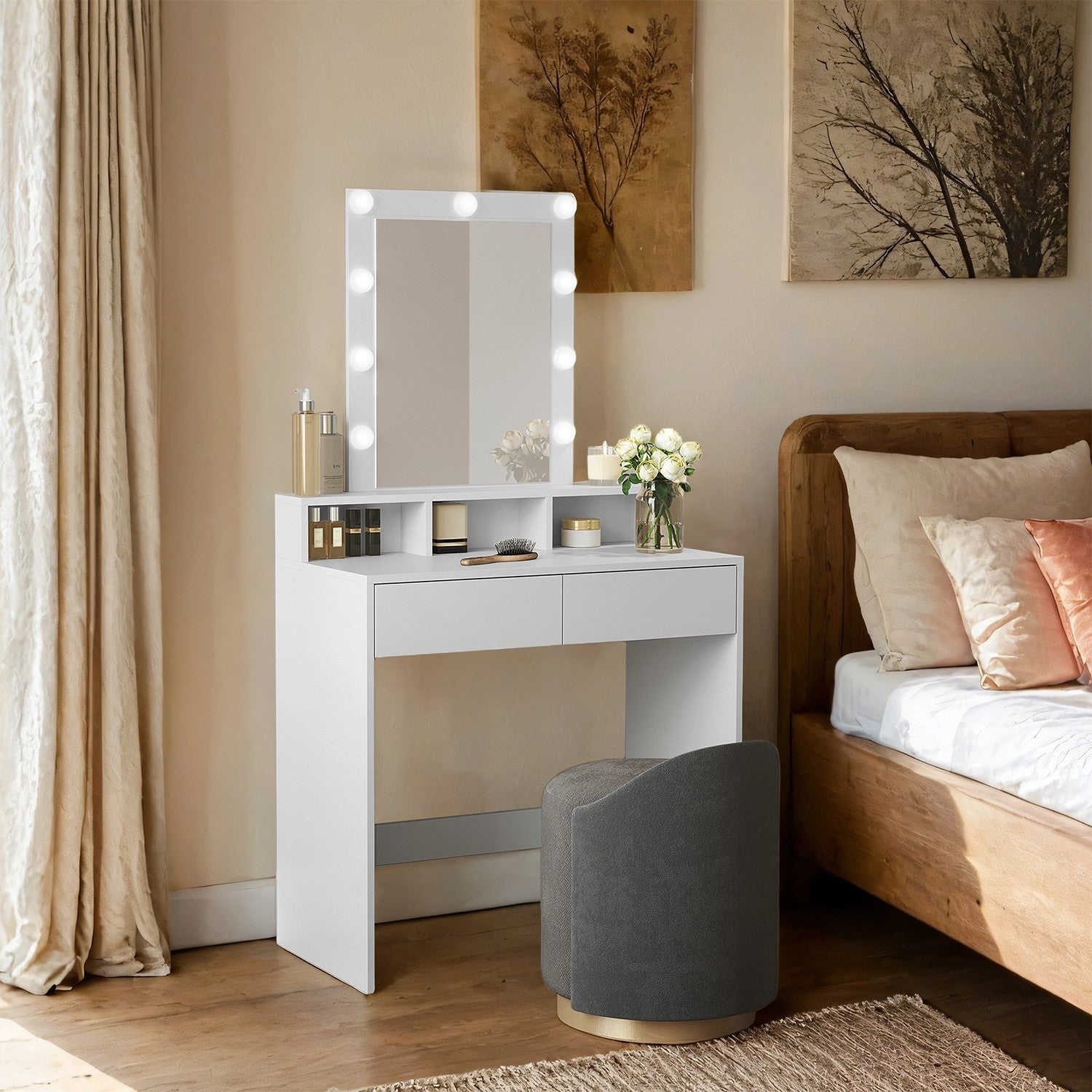 Vanity Table – MDF – White – LED Mirror with Adjustable Brightness and Storage Compartments