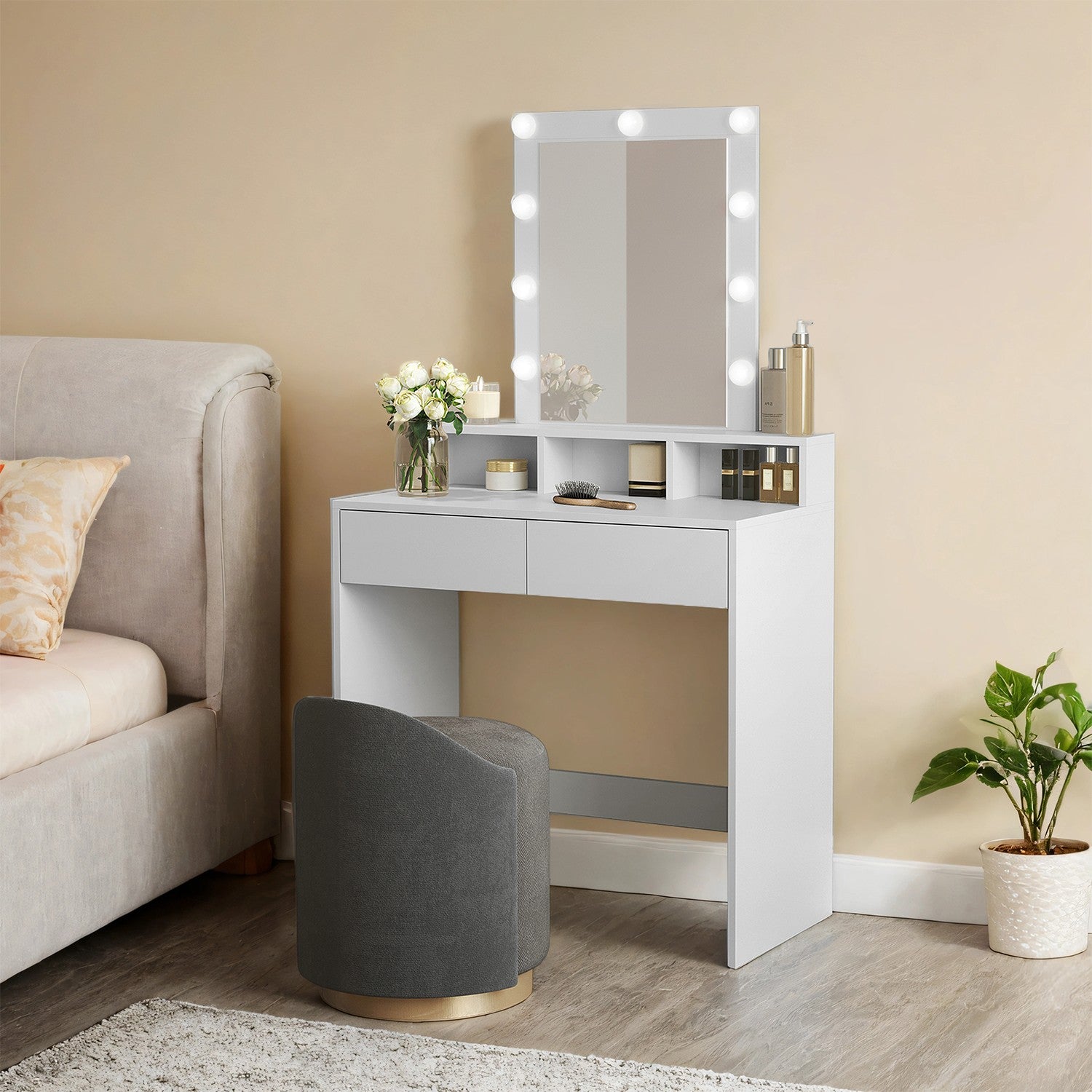 Vanity Table – MDF – White – LED Mirror with Adjustable Brightness and Storage Compartments