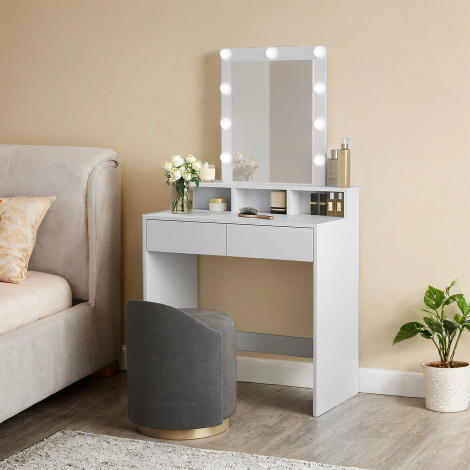 Vanity Table – MDF – White – LED Mirror with Adjustable Brightness and Storage Compartments