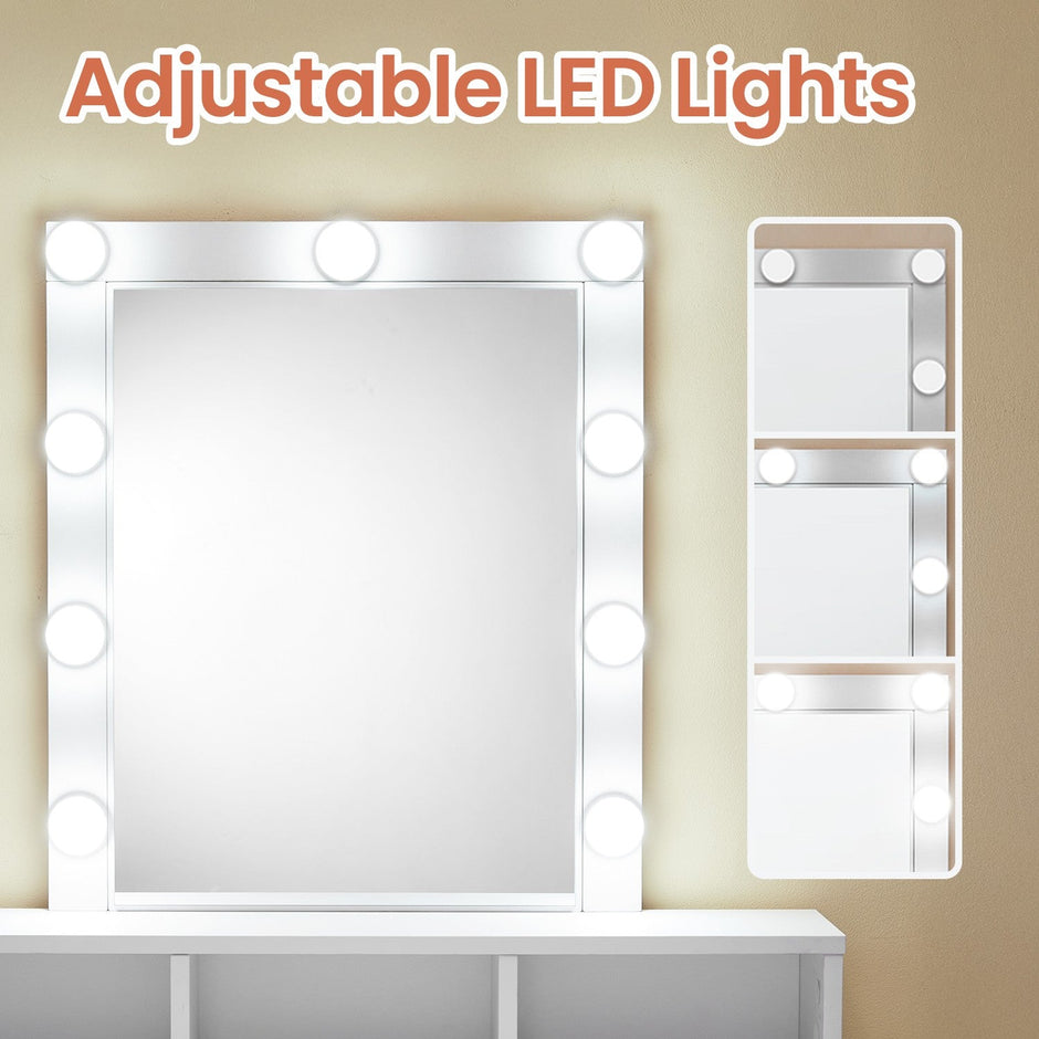 Vanity Table – MDF – White – LED Mirror with Adjustable Brightness and Storage Compartments