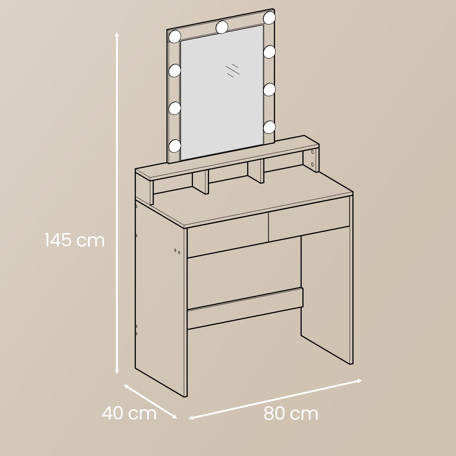 Vanity Table – MDF – White – LED Mirror with Adjustable Brightness and Storage Compartments