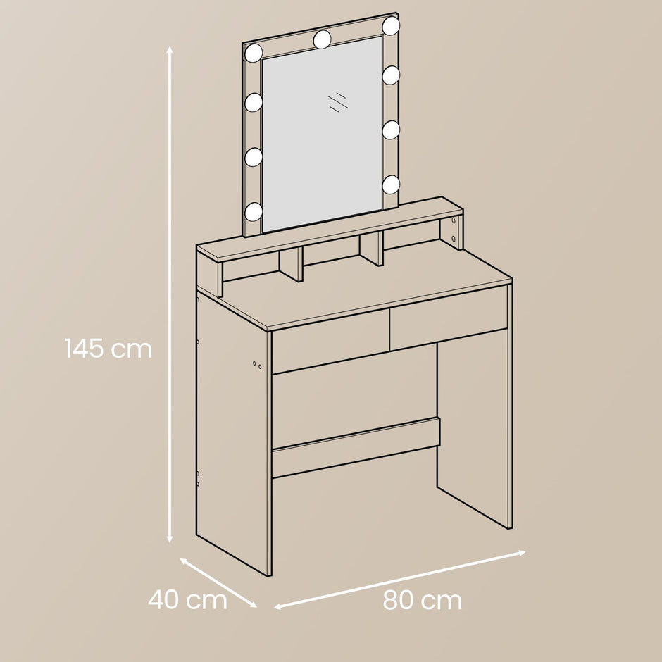 Vanity Table – MDF – White – LED Mirror with Adjustable Brightness and Storage Compartments