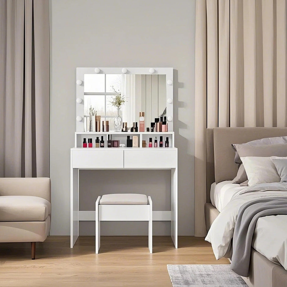 Vanity Table – MDF – White – Large Mirror with Adjustable LED Lights, 2 Drawers and 3 Compartments