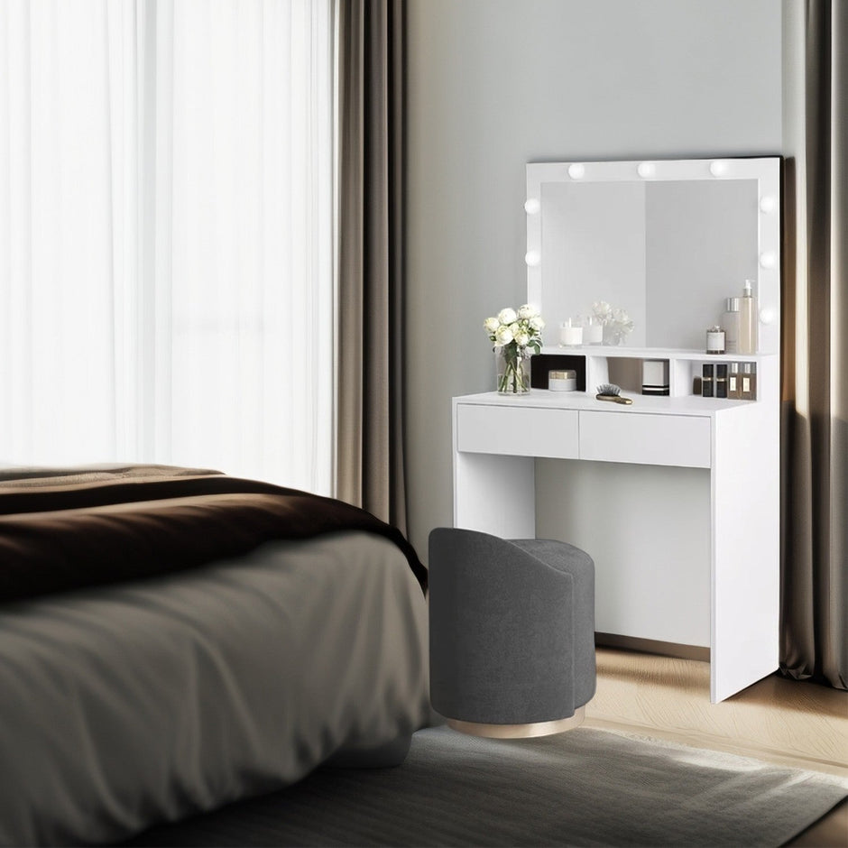Vanity Table – MDF – White – Large Mirror with Adjustable LED Lights, 2 Drawers and 3 Compartments