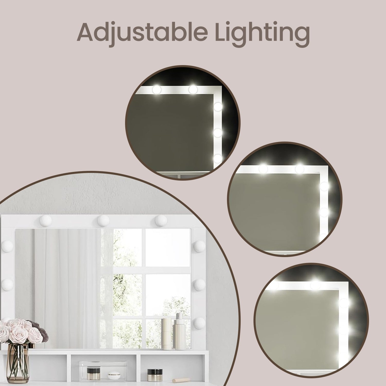 Vanity Table – MDF – White – Large Mirror with Adjustable LED Lights, 2 Drawers and 3 Compartments