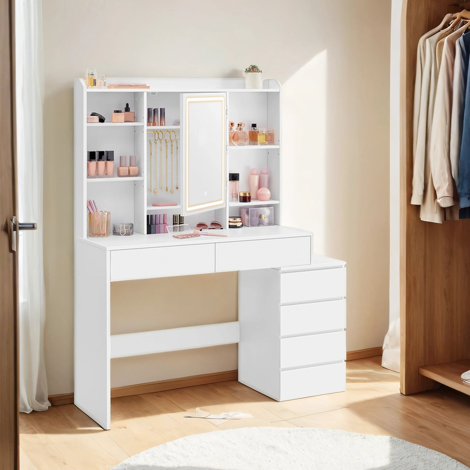Makeup Desk – MDF – Cloud White – Modern Design with Adjustable LED Lights, Drawers, and Shelves