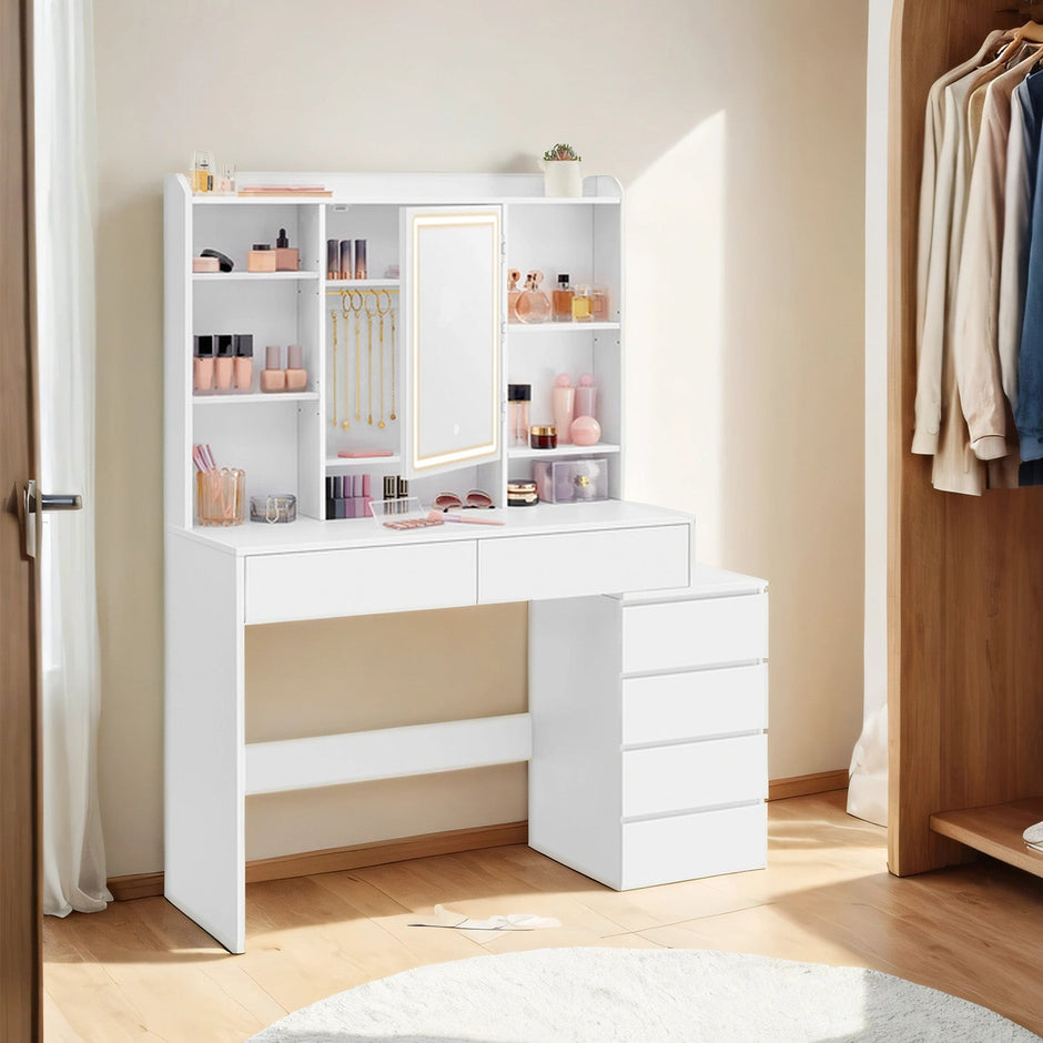 Makeup Desk – MDF – Cloud White – Modern Design with Adjustable LED Lights, Drawers, and Shelves