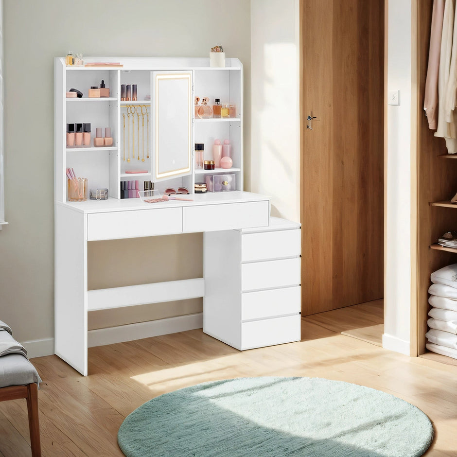 Makeup Desk – MDF – Cloud White – Modern Design with Adjustable LED Lights, Drawers, and Shelves