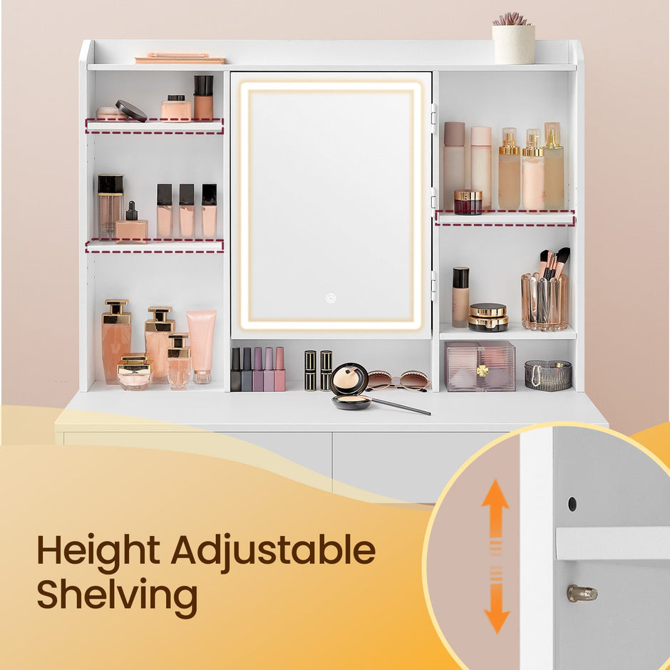 Makeup Desk – MDF – Cloud White – Modern Design with Adjustable LED Lights, Drawers, and Shelves