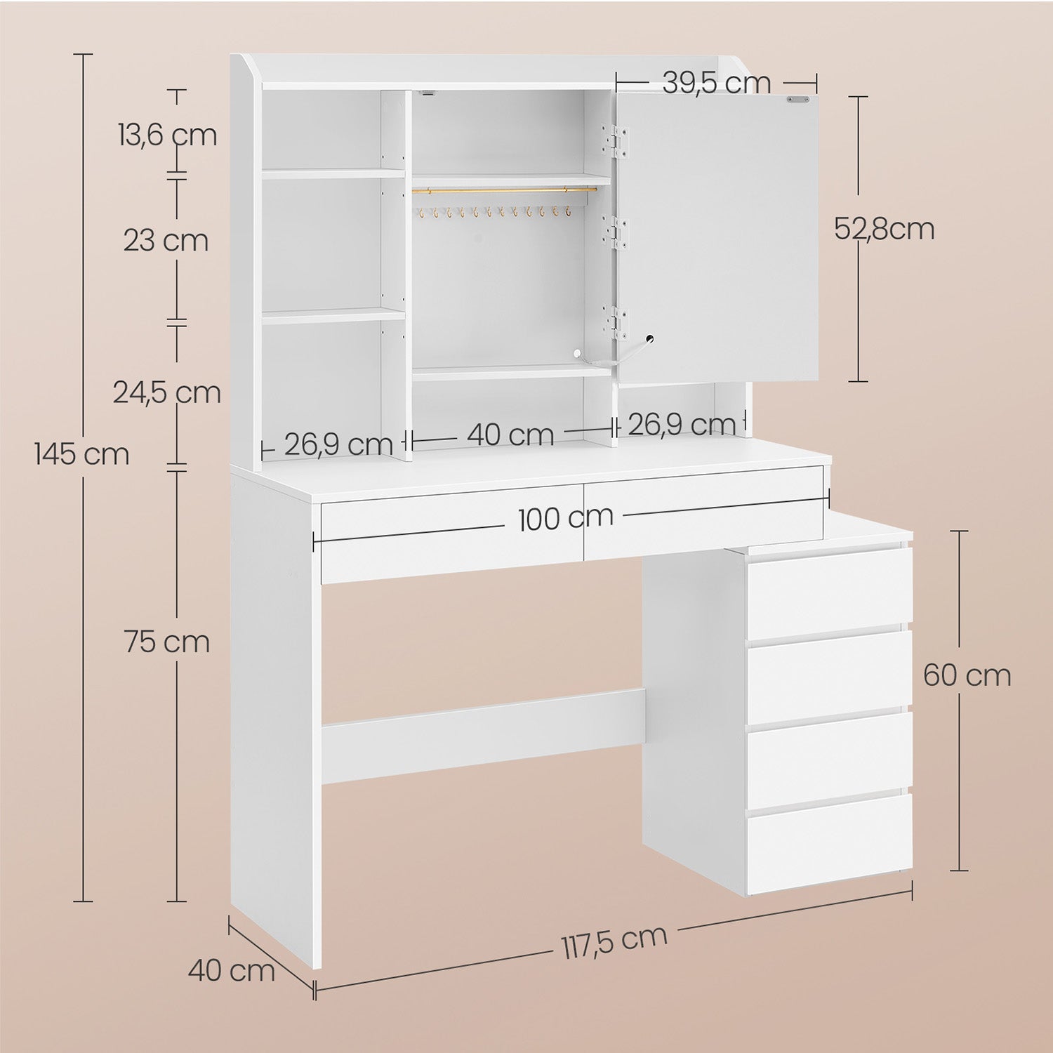 Makeup Desk – MDF – Cloud White – Modern Design with Adjustable LED Lights, Drawers, and Shelves