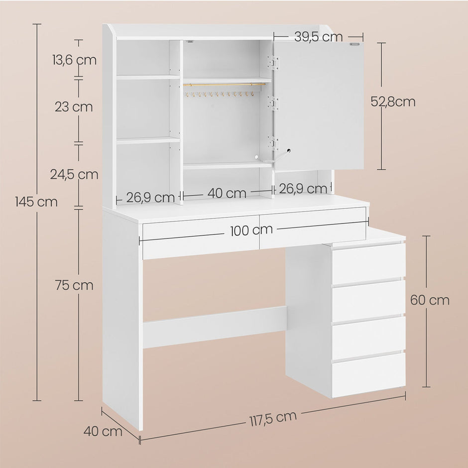Makeup Desk – MDF – Cloud White – Modern Design with Adjustable LED Lights, Drawers, and Shelves