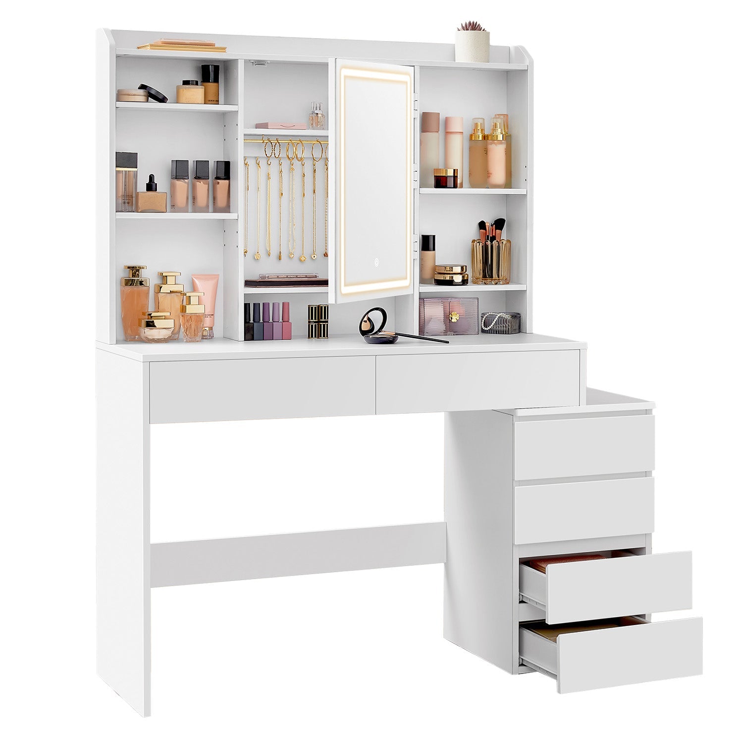 Makeup Desk – MDF – Cloud White – Modern Design with Adjustable LED Lights, Drawers, and Shelves