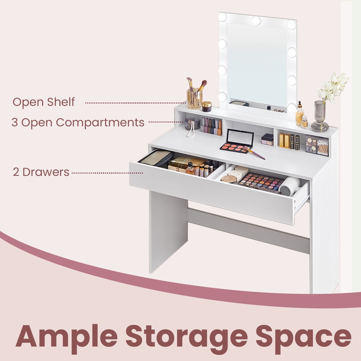 Dressing Table – Wood – Modern – LED Lights with Adjustable Brightness, Mirror, 2 Drawers and 3 Compartments