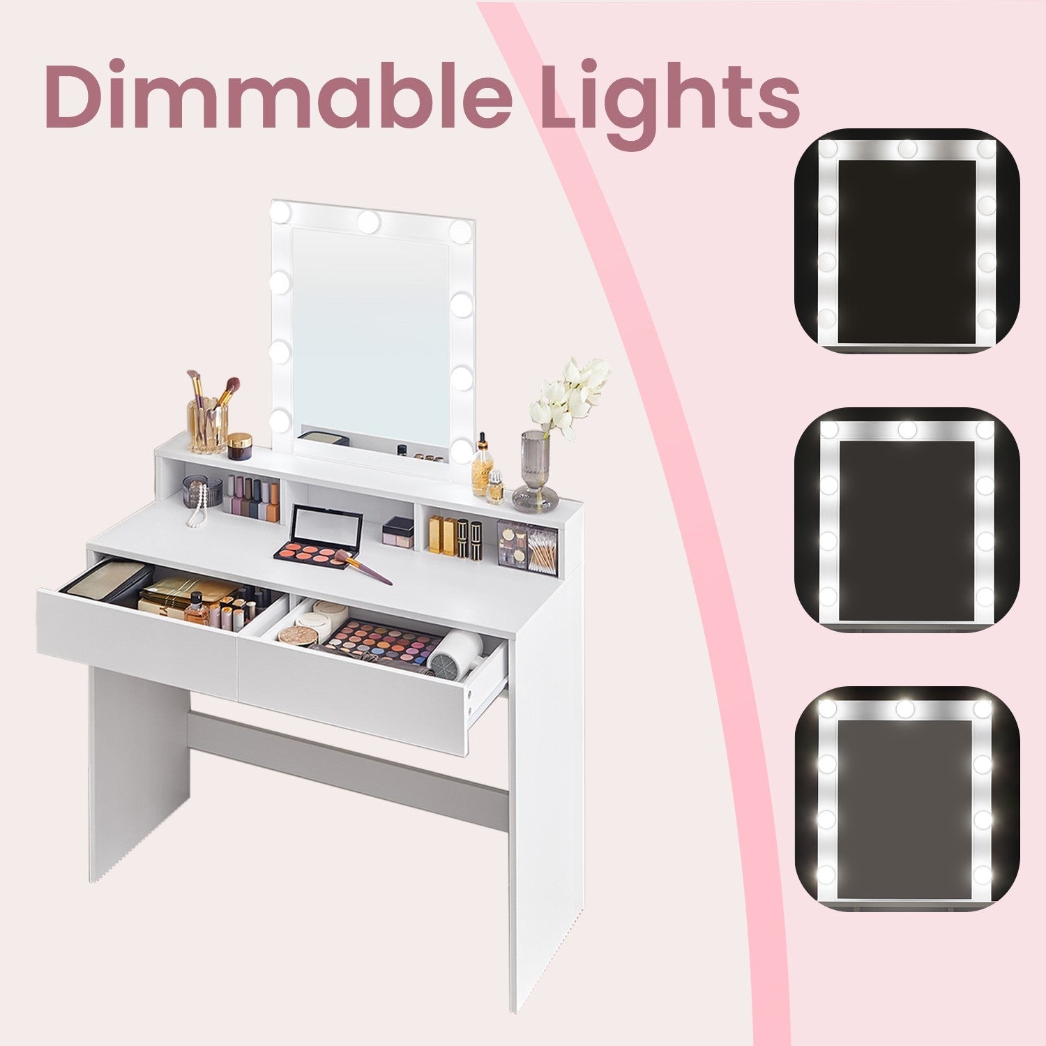 Dressing Table – Wood – Modern – LED Lights with Adjustable Brightness, Mirror, 2 Drawers and 3 Compartments