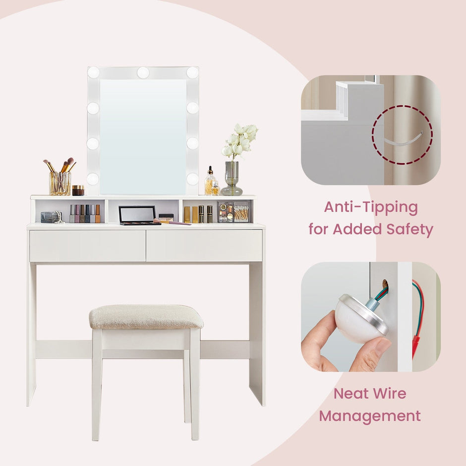 Dressing Table – Wood – Modern – LED Lights with Adjustable Brightness, Mirror, 2 Drawers and 3 Compartments