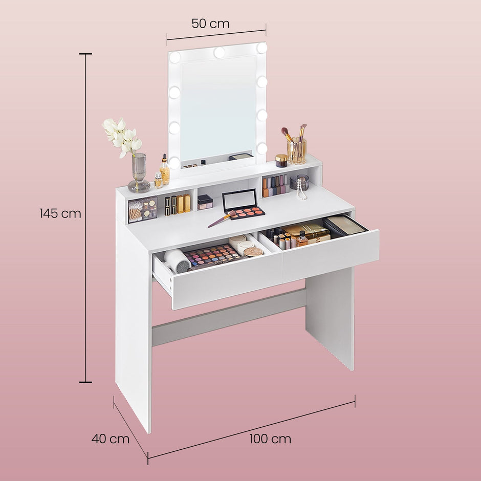 Dressing Table – Wood – Modern – LED Lights with Adjustable Brightness, Mirror, 2 Drawers and 3 Compartments