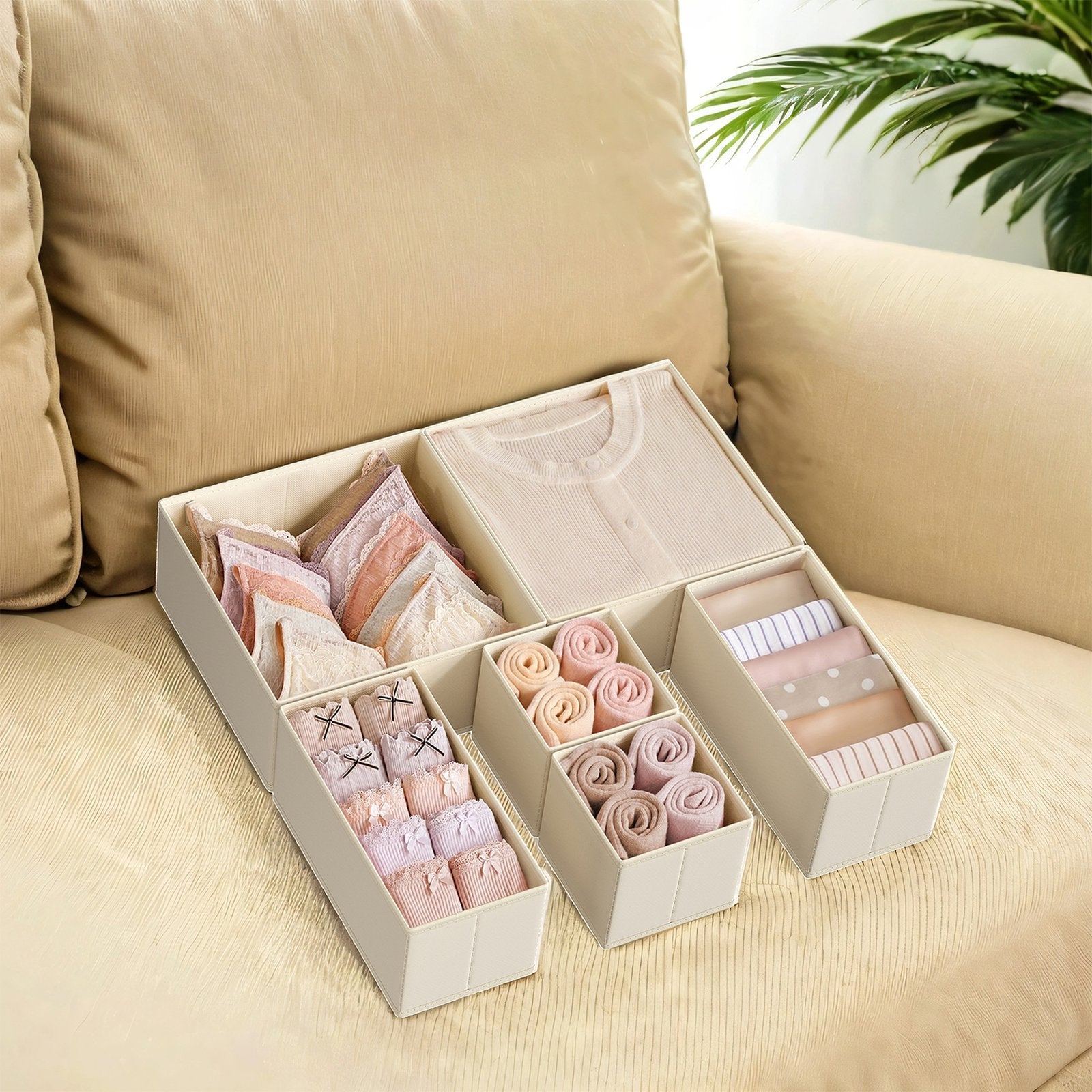 Dresser Drawer Organizer – Linenette Non-Woven Fabric – Dark Grey – Set of 6 Foldable Storage Bins for Socks and Accessories