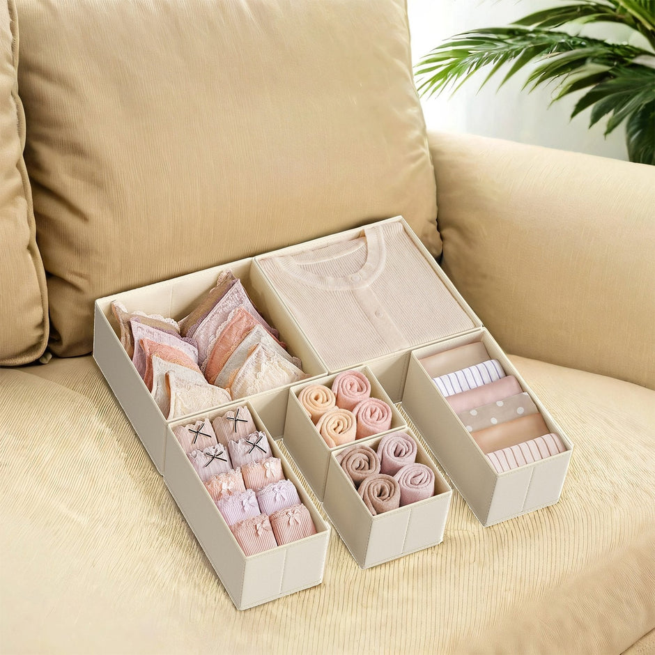 Dresser Drawer Organizer – Linenette Non-Woven Fabric – Dark Grey – Set of 6 Foldable Storage Bins for Socks and Accessories