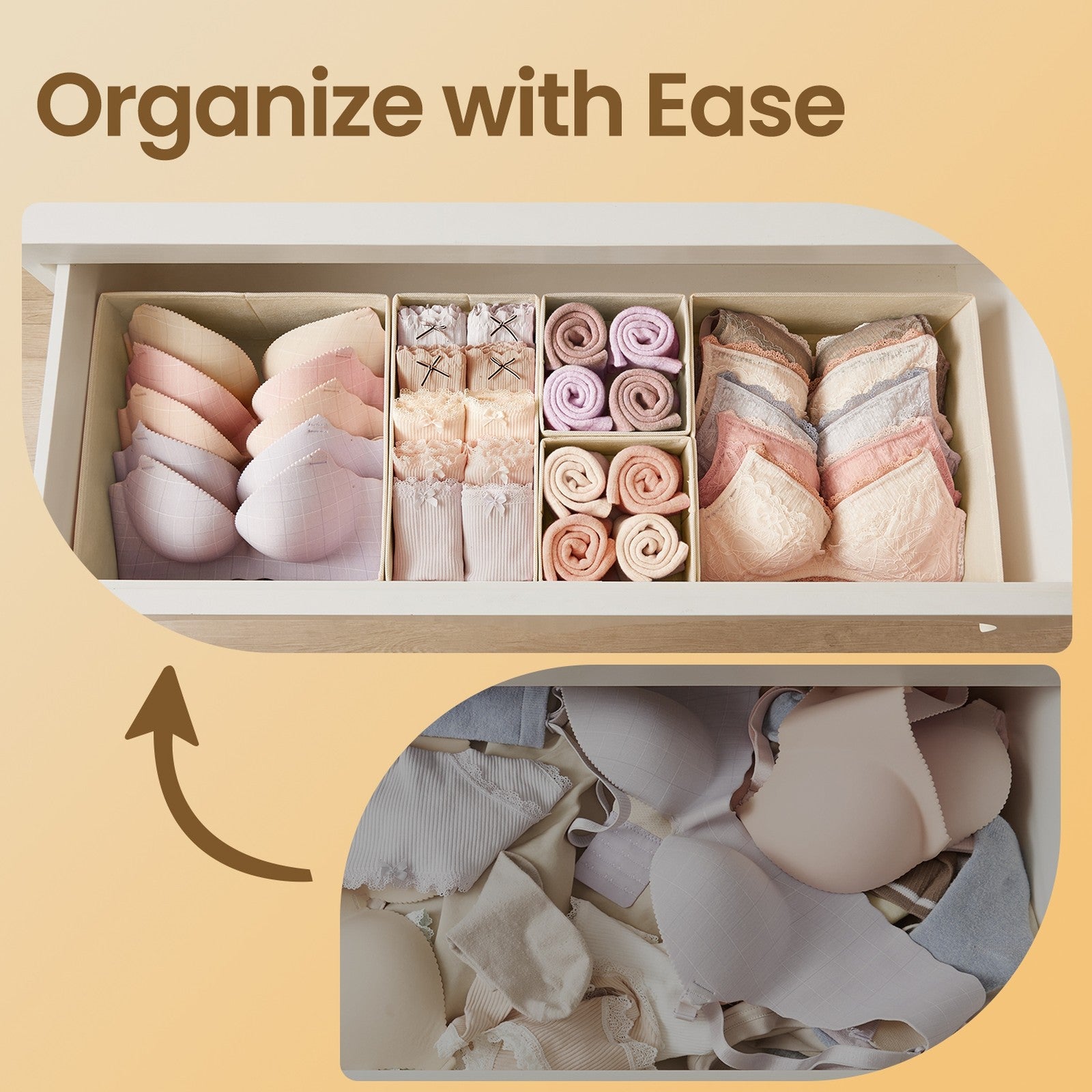 Dresser Drawer Organizer – Linenette Non-Woven Fabric – Dark Grey – Set of 6 Foldable Storage Bins for Socks and Accessories