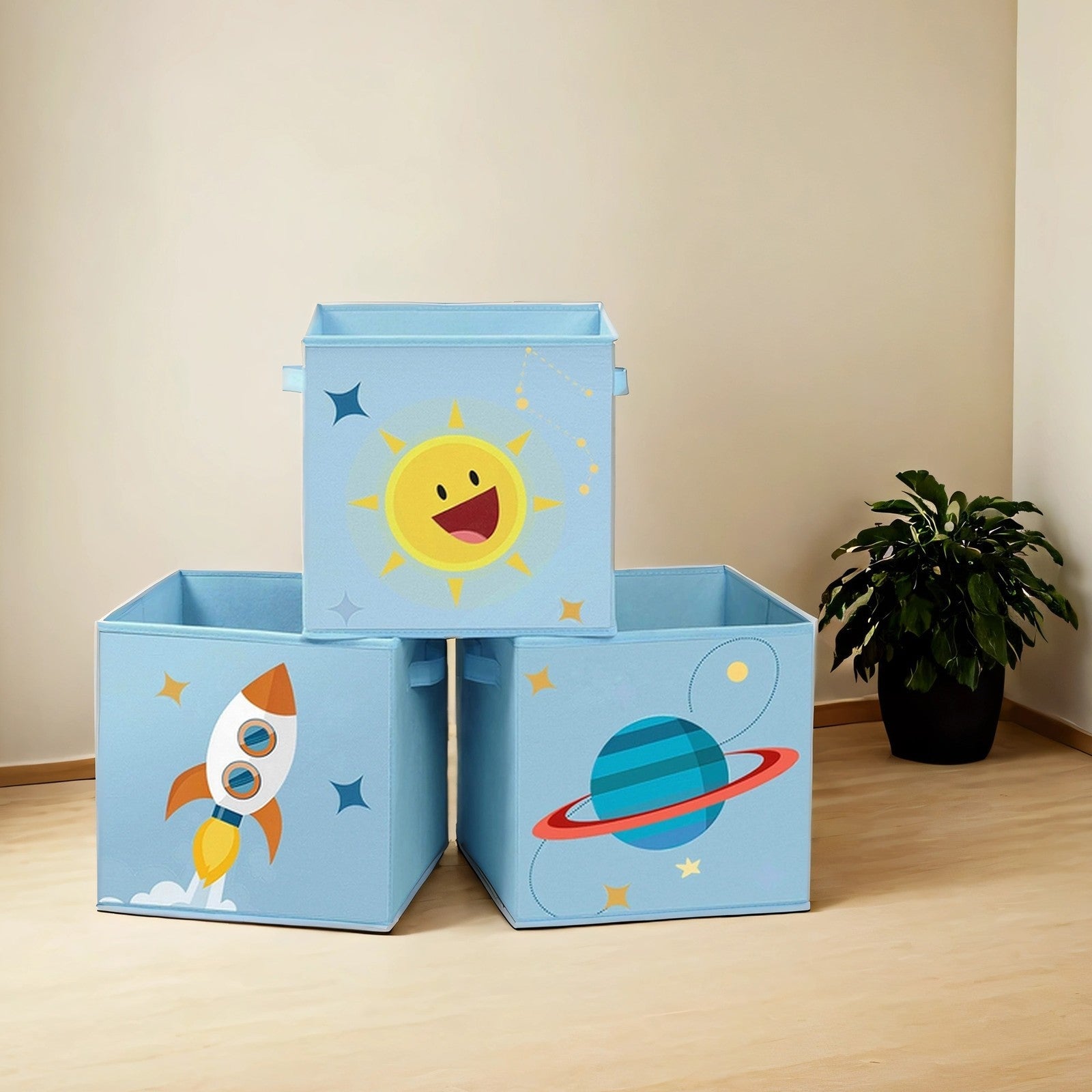 Set of 3 Toy Organizer Storage Boxes – Fabric – Blue, Green, Pink – Foldable with Handles, Space Theme